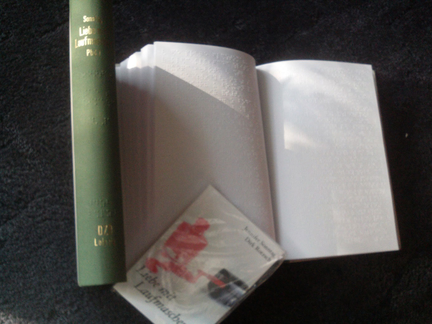 Foto: Braillebuch im Vergleich zum Schwarzdruckbuch